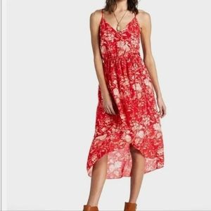 Lucky Brand Red Silk Floral Spring Summer EUC Large Boho Midi Dress